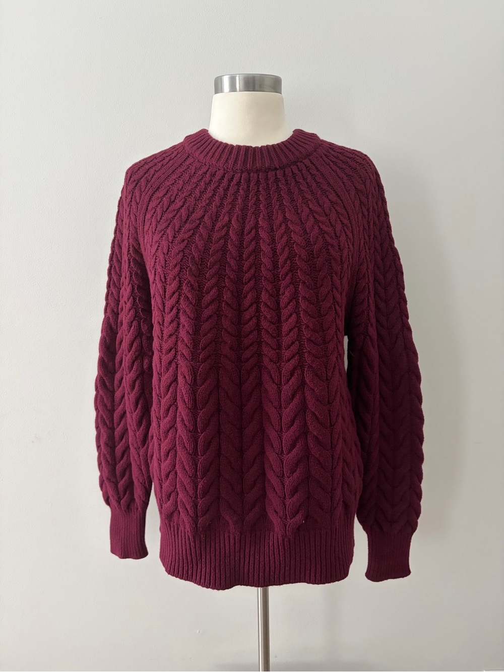 Ann Taylor Chevron Chunky Cable Knit Crewneck Sweater Burgundy Wine L Cabincore